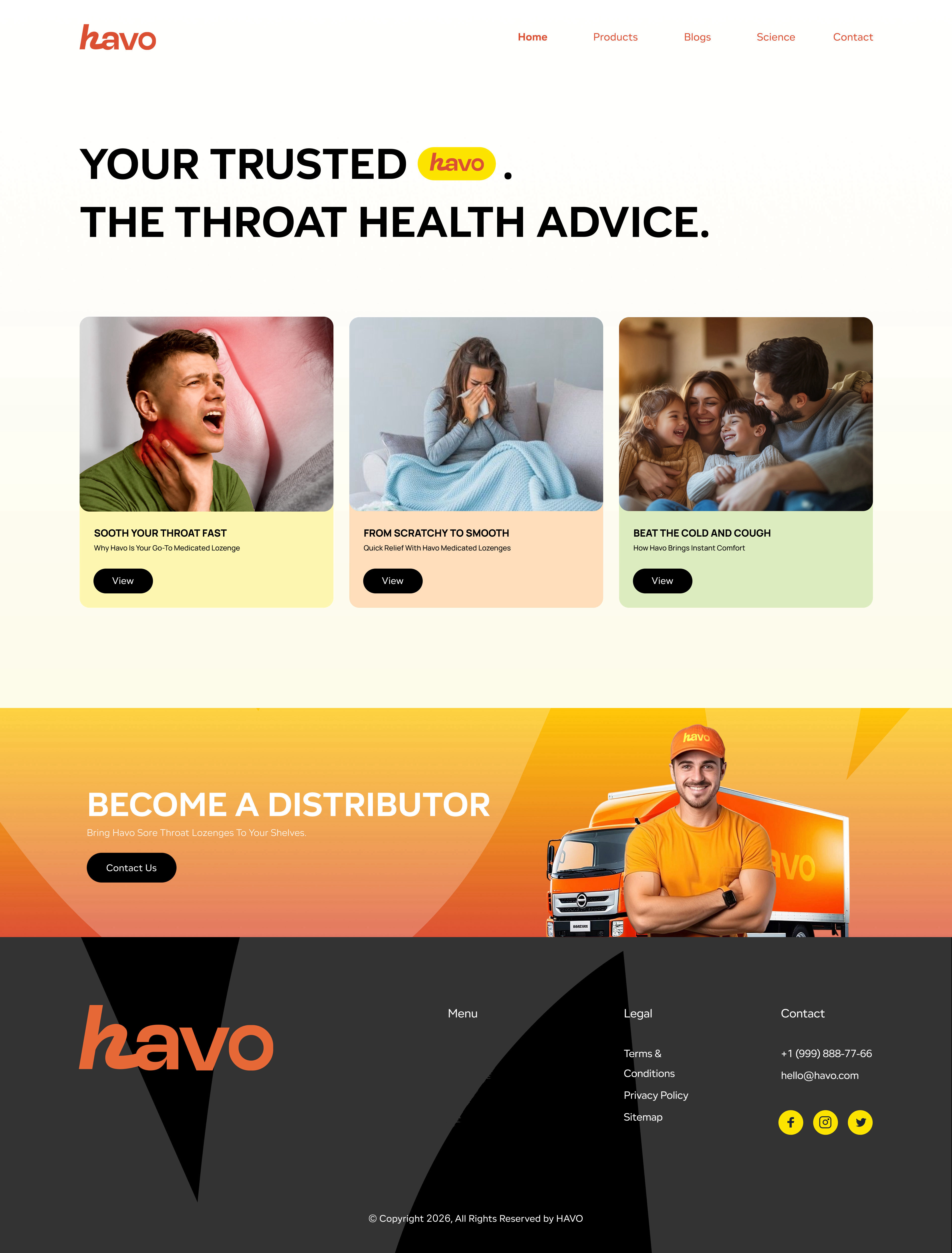 Your trusted Havo, the throat health advice. Sooth your throat fast: why Havo is your go-to medicated lozenge. From scratchy to smooth: quick relief with Havo medicated lozenges. Beat the cold and cough: how Havo brings instant comfort. Become a distributor: bring Havo sore throat lozenges to your shelves.