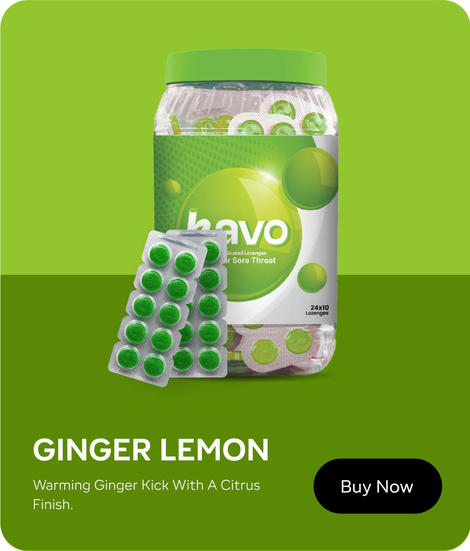 Havo Ginger Lemon medicated lozenges jar. Warming ginger kick with a citrus finish.