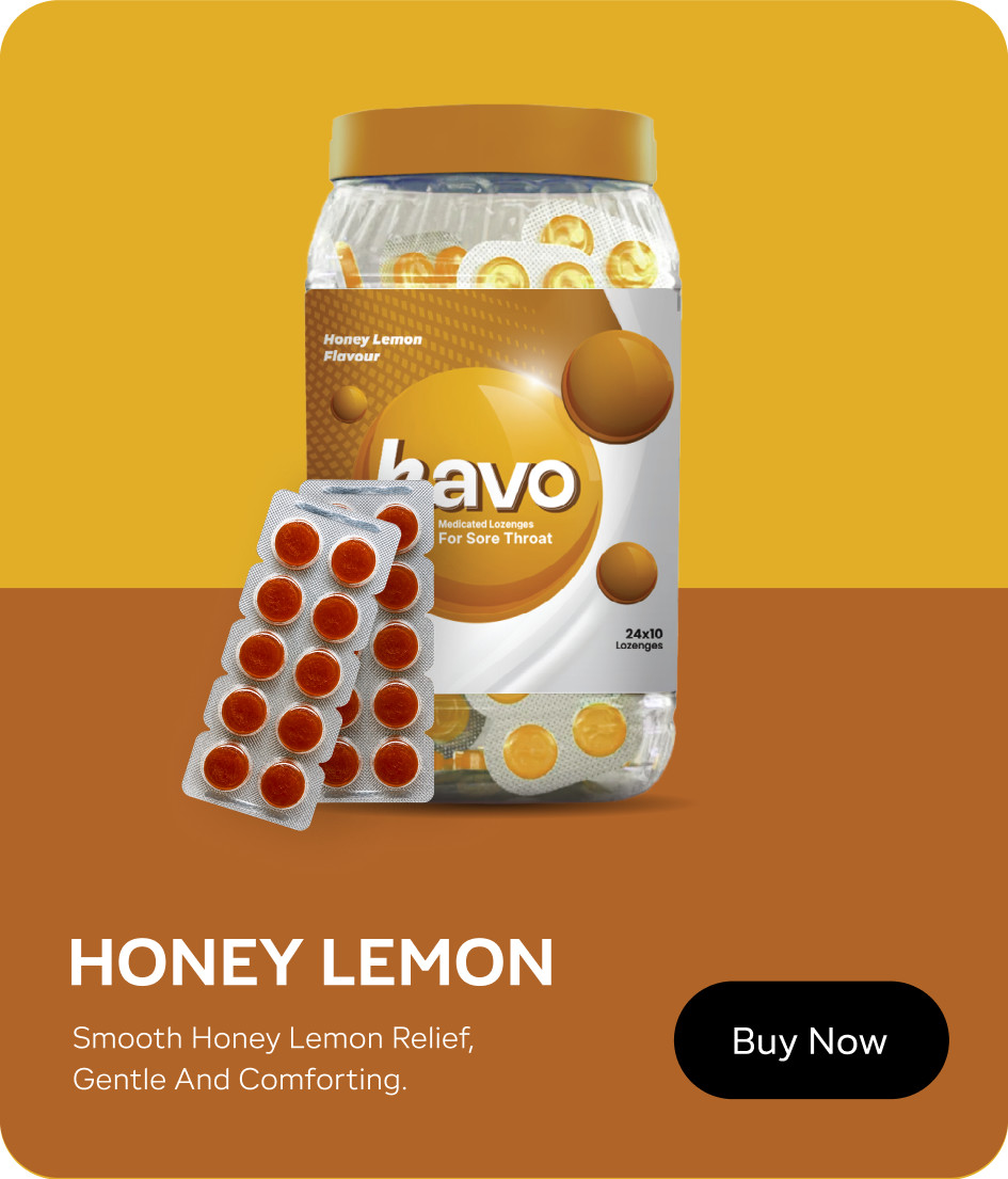 Havo Honey Lemon medicated lozenges jar. Smooth honey lemon relief, gentle and comforting.