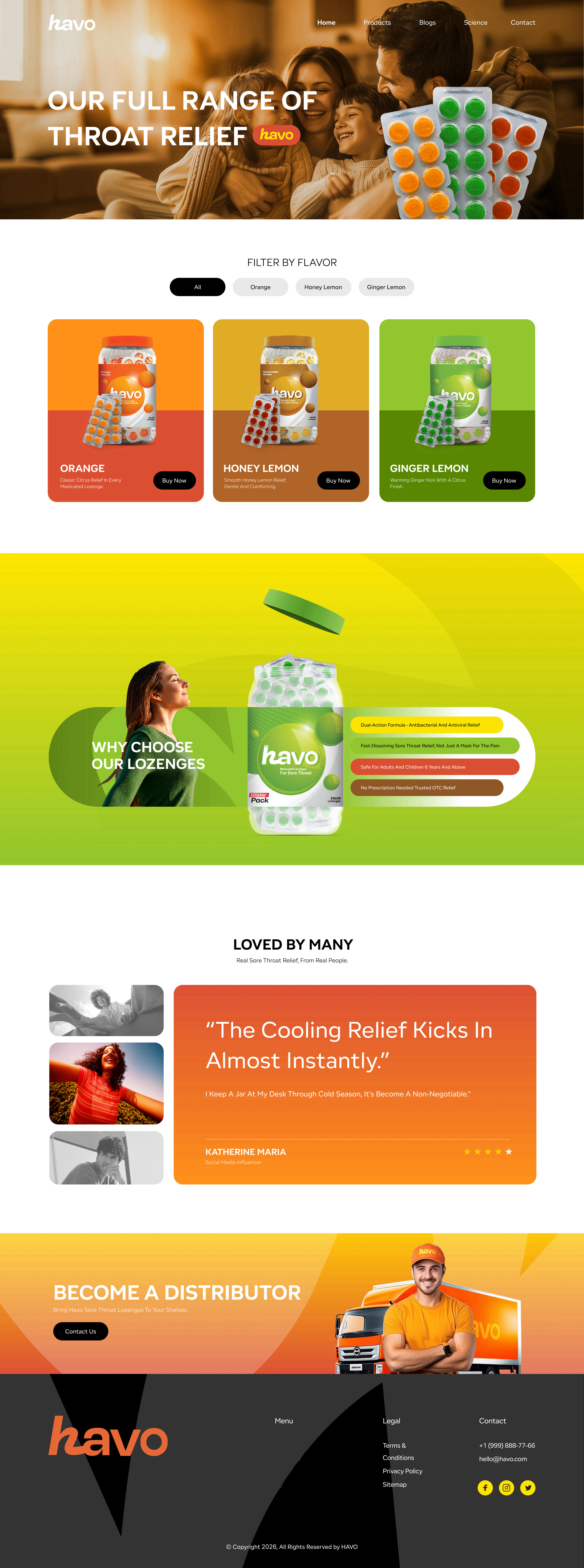 Havo products: our full range of throat relief in Orange, Honey Lemon and Ginger Lemon flavours, why choose our lozenges, customer reviews and distributor information.